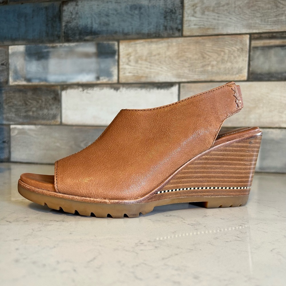 Sorel Nadia Camel Brown Leather Slingbacks Wedge Heeled Sandals - Picture 2 of 14